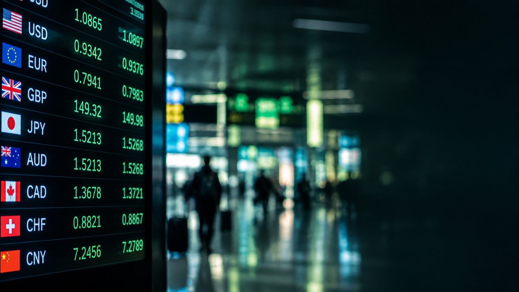 Airport style currency exchange rate board with abstract digits and blurred figures