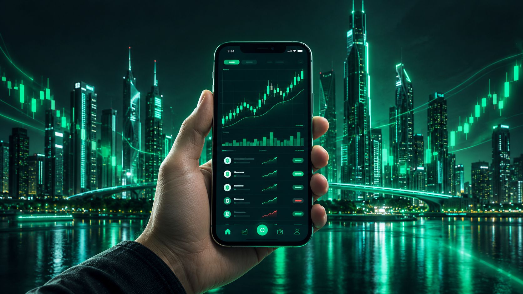 Hand holding a phone with a stock trading app and a city in the background