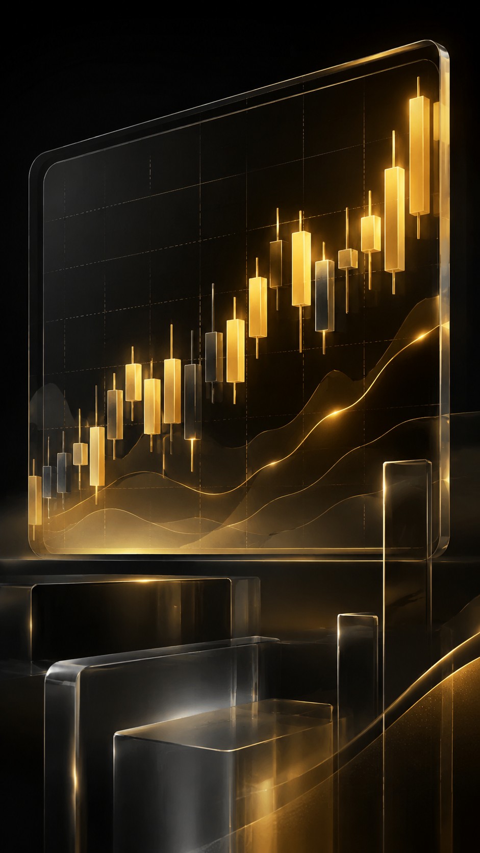 Large glowing forex candlestick chart with rising and falling candles