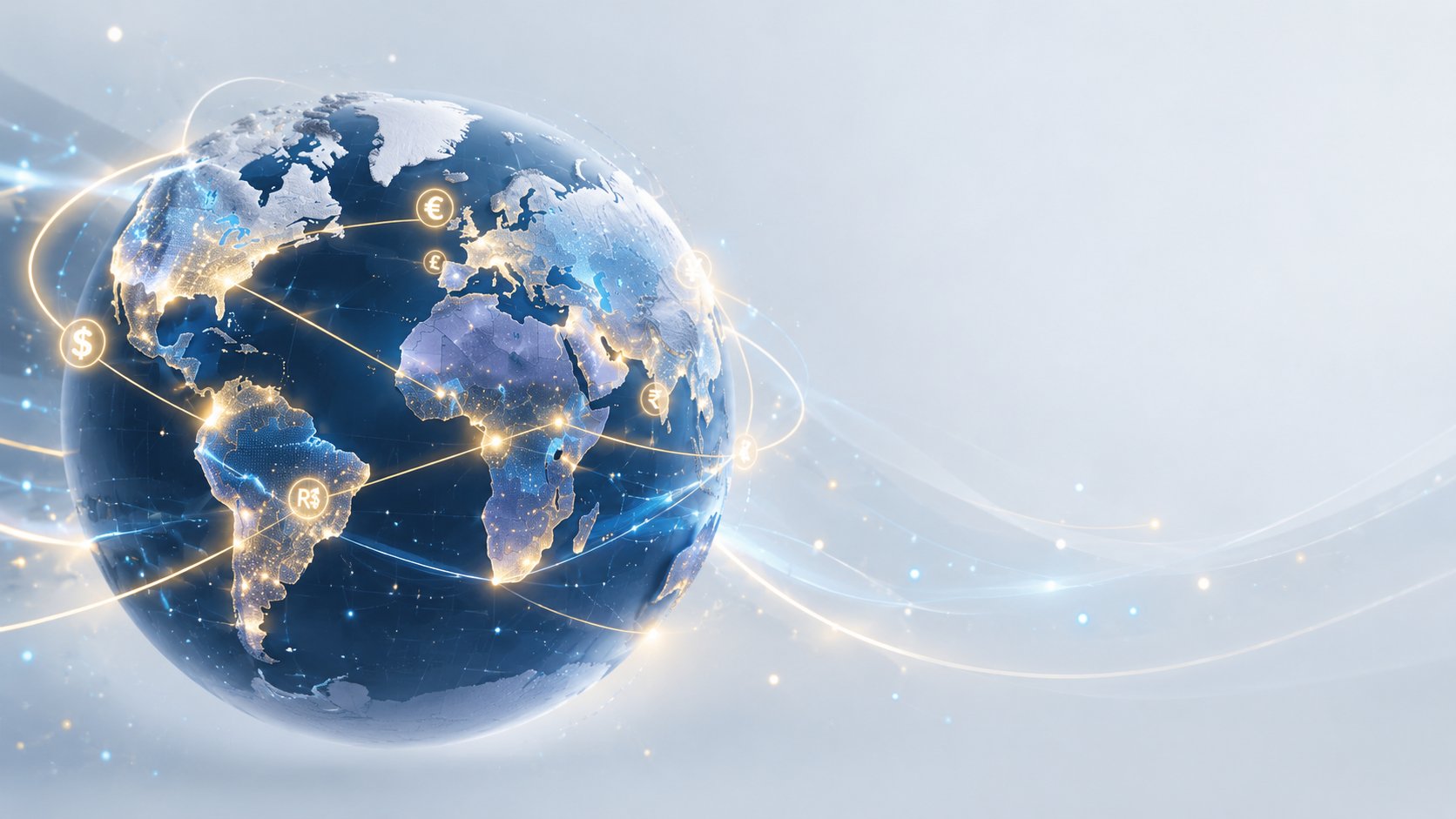 Globe highlighting emerging market regions with glowing currency lines